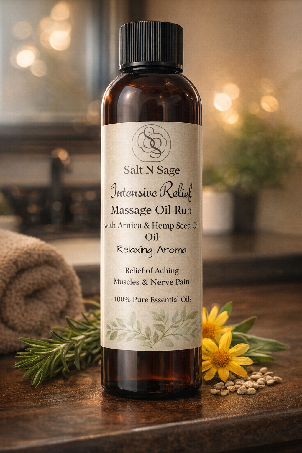 Salt N Sage Intensive Relief Pain Oil Massage Rub with natural essential oils in a clear glass bottle, ready for soothing muscle relief.