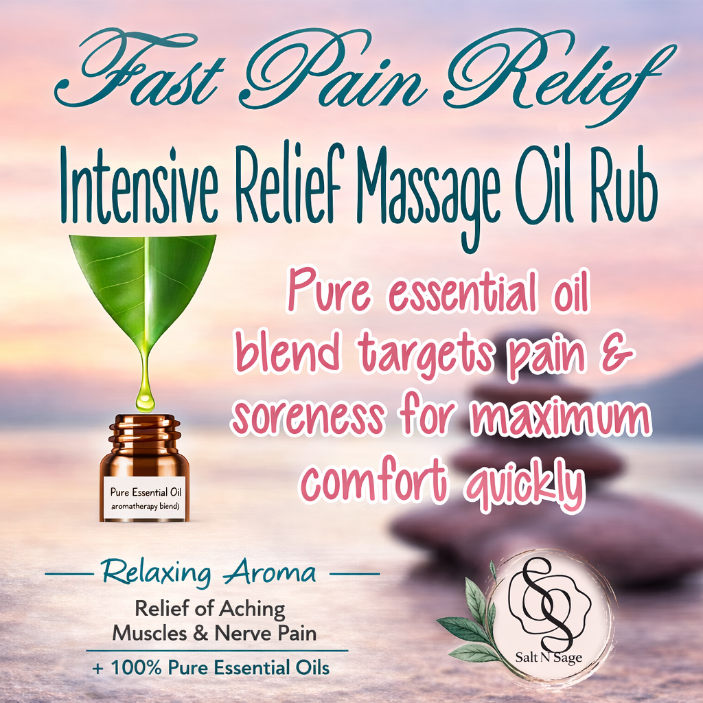 Salt N Sage Intensive Relief Pain Oil Massage Rub with natural essential oils in a 100ml bottle for soothing muscle relief.