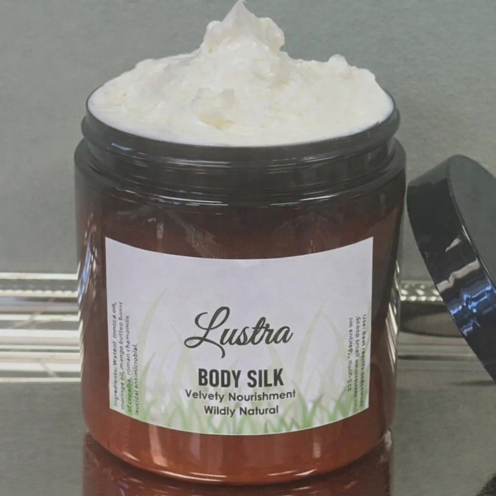 Salt N Sage Lustra Body Silk Cream for dry, crepey skin, promoting a youthful glow with nourishing, hydrating formula.